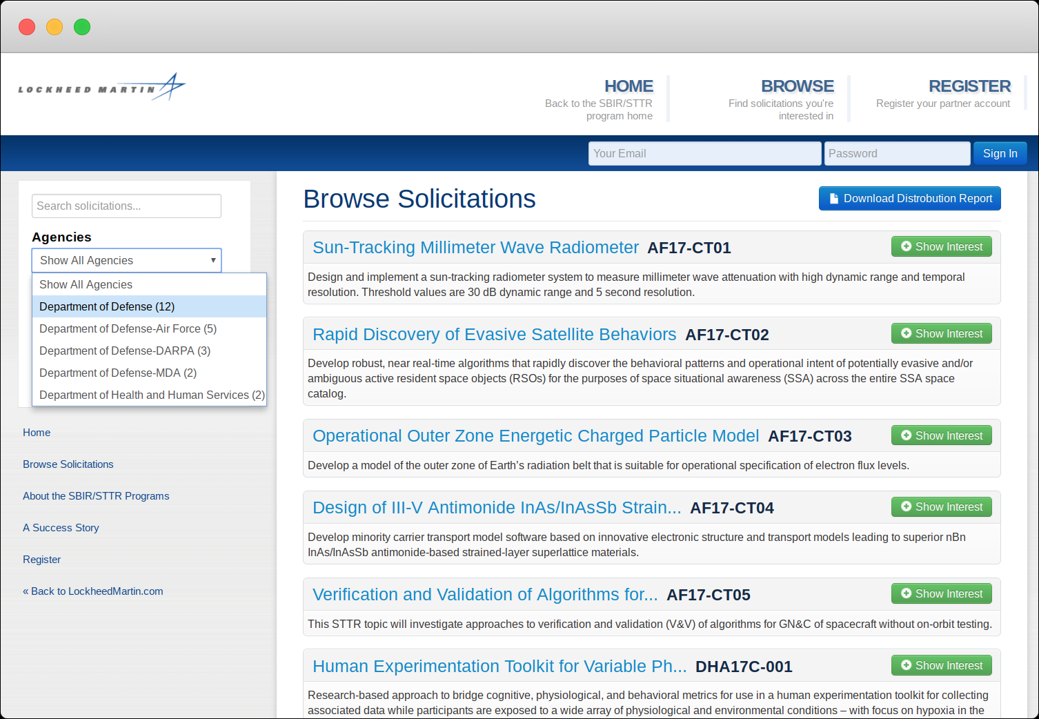Browse Solicitations page with agency filter showing SBIR/STTR solicitations