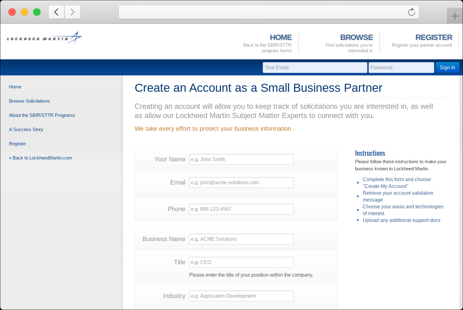 Small business partner registration page with account creation and technology interest fields