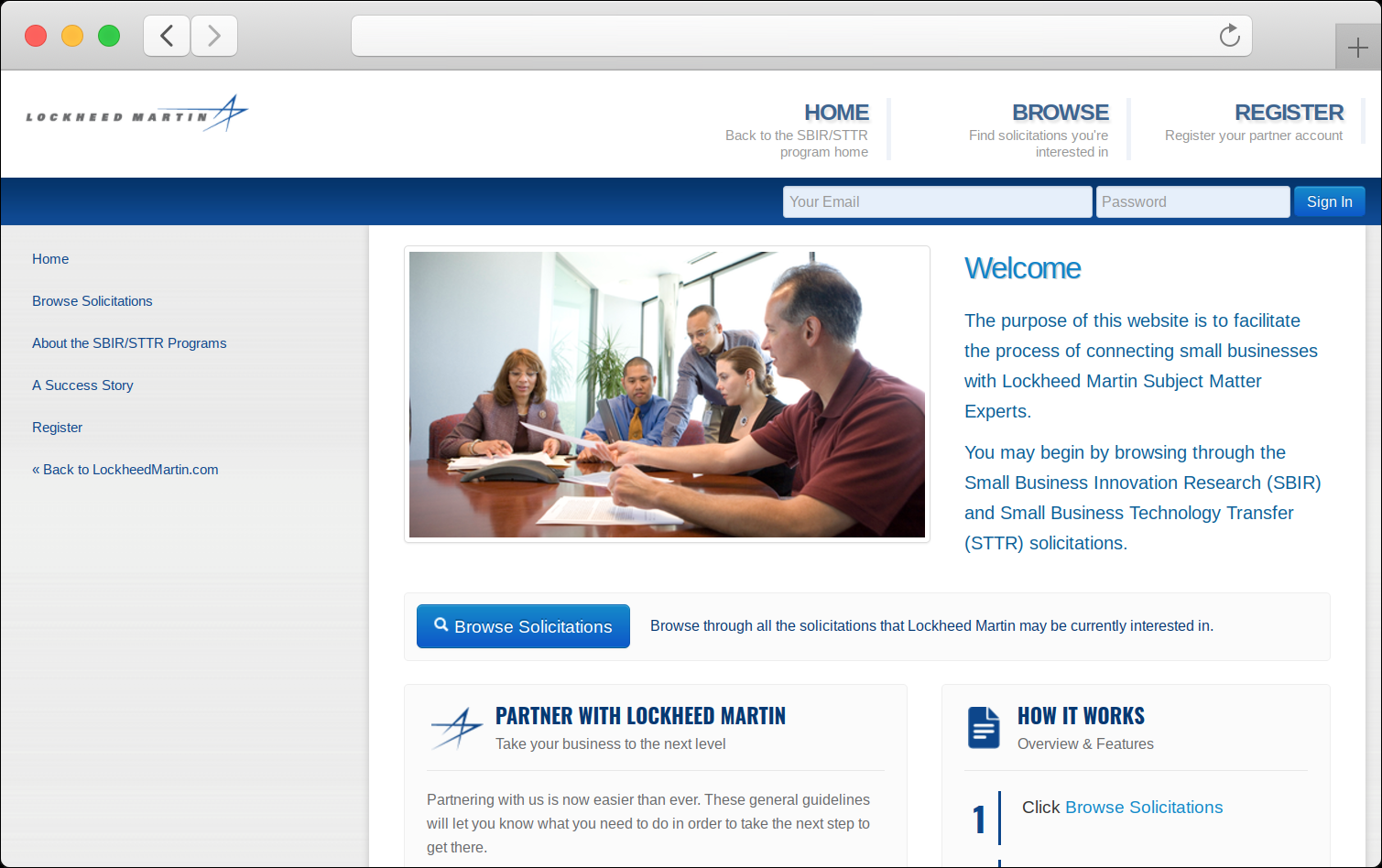 SBIR/STTR Solicitation Portal homepage showing latest solicitations, agency filters, and small business registration